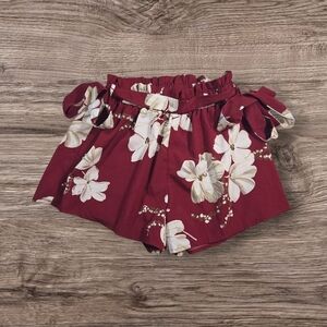SHEIN Burgundy Floral Paper Bag Waist Shorts Size Med